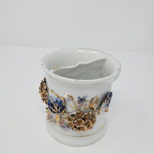 Antique German Porcelain Victorian Shaving Mug Raised Gold Flowers Cobalt Leaves